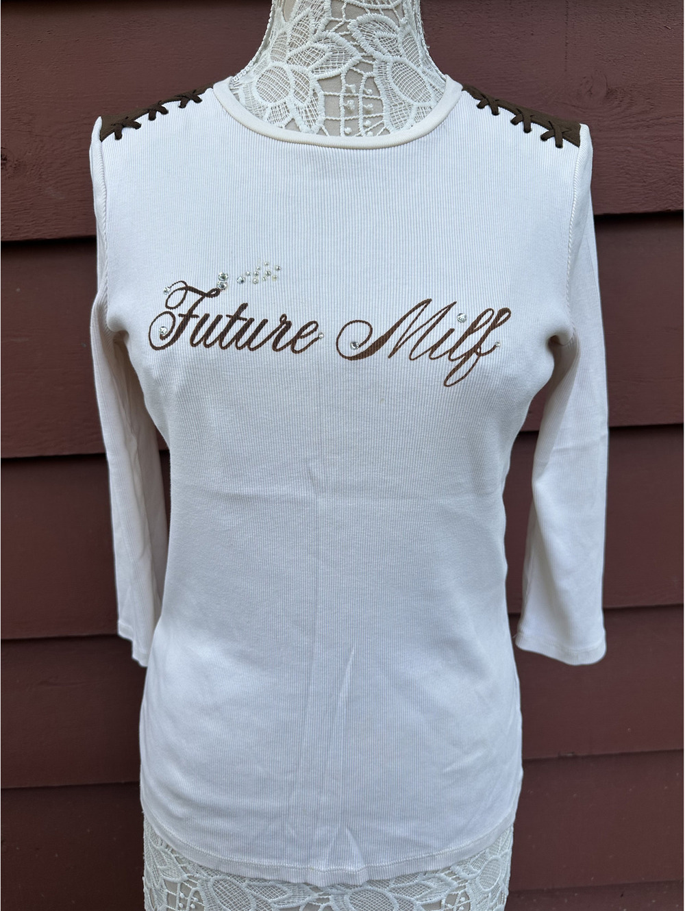 Lauren Ralph Lauren Y2K Cream and Brown 'Future Milf' 3/4 Length‎ Long Sleeve